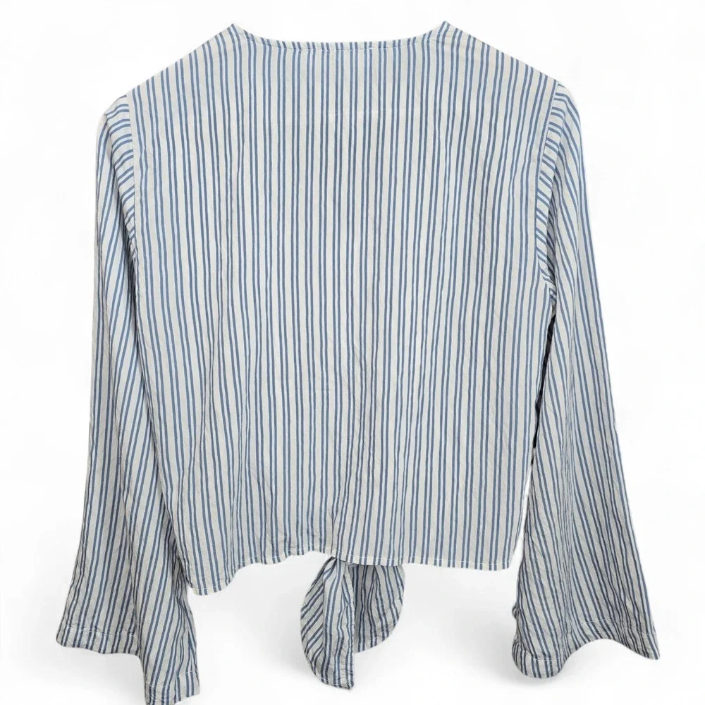 Michael Kors Top Womens Small Blue Striped Semi Sheer Crop Waist Tie Long Sleeve